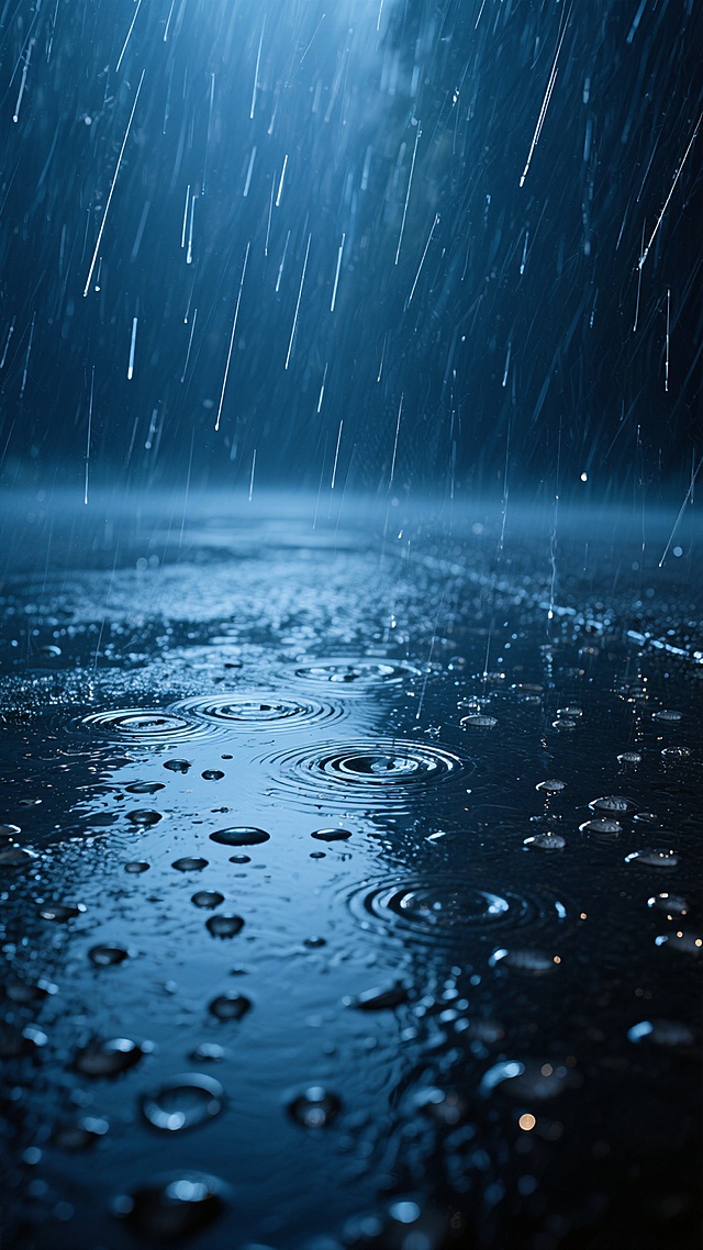深蓝色调的雨天场景，画面中大量倾斜的雨丝密集落下，雨丝呈现出半透明的白色光泽，在深蓝色背景中形成明显的视觉层次。地面覆盖着积水，水面上布满大小不一的雨滴溅起的涟漪和水泡，反射着微弱的光线，营造出湿润而富有质感的地面效果。整体画面具有强烈的氛围感，光线柔和，阴影细腻，雨丝的动态感和积水的静态质感形成对比，呈现出宁静而略带忧郁的雨天氛围。