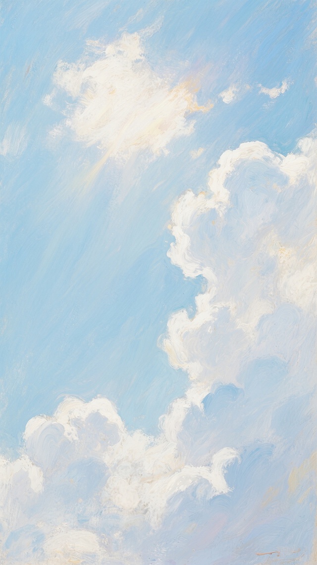 印象派风格天空，柔和的浅蓝色渐变背景，蓬松的白色云朵以松散的笔触和微妙的色彩变化呈现，阳光透过云层洒下温暖的光晕，整体画面营造出宁静而梦幻的氛围，具有莫奈作品中典型的光影流动感和色彩交融效果，笔触自由奔放，色彩明亮清新，给人以轻松愉悦的视觉感受。