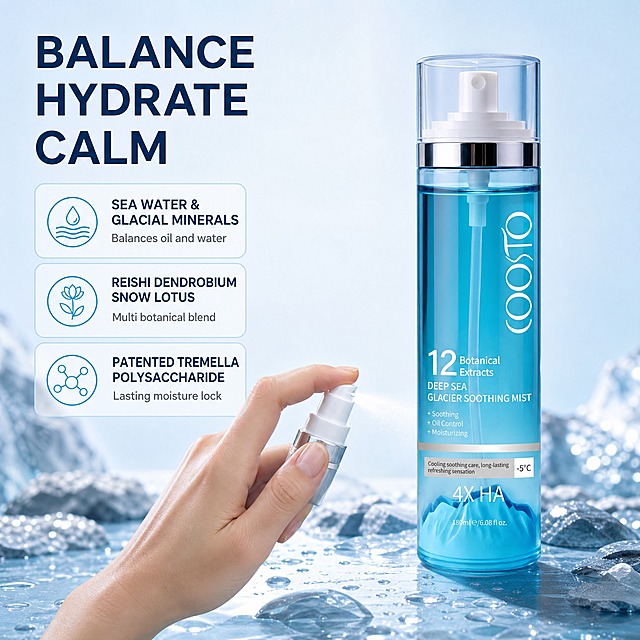 [主图-1] 商品名称：OOSO 12 Botanical Extracts Deep Sea Glacier Soothing Mist。主题与唯一任务：使用功效 Benefits，用三条功效证据回答这瓶喷雾能解决什么。必须严格保留输入图中产品的圆柱透明浅蓝瓶身、银色按压泵头、透明外盖、瓶身白色印刷字样、底部冰川图案与 150ml 比例，产品外观结构材质颜色完全一致，不重绘不改变。
[统一基调] 整套统一视觉：背景主色为浅冰川蓝到纯白的柔和渐变；主标题字色深海军蓝，辅助文字中灰蓝；强调色亮青色仅用于数字与图标高亮；全套主标题与说明文字只用同一款干净几何无衬线字体，仅字号层级变化；卡片为半透明白底圆角卡片配细青色描边；图标为细线单色青蓝线性图标，仅换任务构图文案不换配色字体。
[画面] 产品直立位于画面右侧约40%，采用略微俯视15°的商业产品视角；左侧竖排三张半透明圆角卡片，各配一枚细线图标与两行文案；画面底部为真实使用语境：一只欧美成年女性手部（浅肤色、指甲干净自然）在雾面玻璃台前按压泵头，细腻水雾向左前方飘散；背景为虚化的冰川矿泉石台与晶莹水珠环境色，层次通透。
[光影质感] 商业棚拍质感，左上主光在产品上形成竖向高光带与柔和接触影，水雾轻微透光，边缘光清晰。
[文字版式] 左上方大标题 “BALANCE HYDRATE CALM”；三张卡片文案依次为 “SEA WATER & GLACIAL MINERALS / Balances oil and water”、“REISHI DENDROBIUM SNOW LOTUS / Multi botanical blend”、“PATENTED TREMELLA POLYSACCHARIDE / Lasting moisture lock”；文字左对齐放在留白处，不遮挡产品与手部。
[输出要求] 1:1 正方形，文字大而清晰无错拼，产品完整清晰；负向：产品变形、色差、错字乱码、模糊、杂乱、水印、平台 Logo、中文可见文字、多余手指、畸形手、面部扭曲。