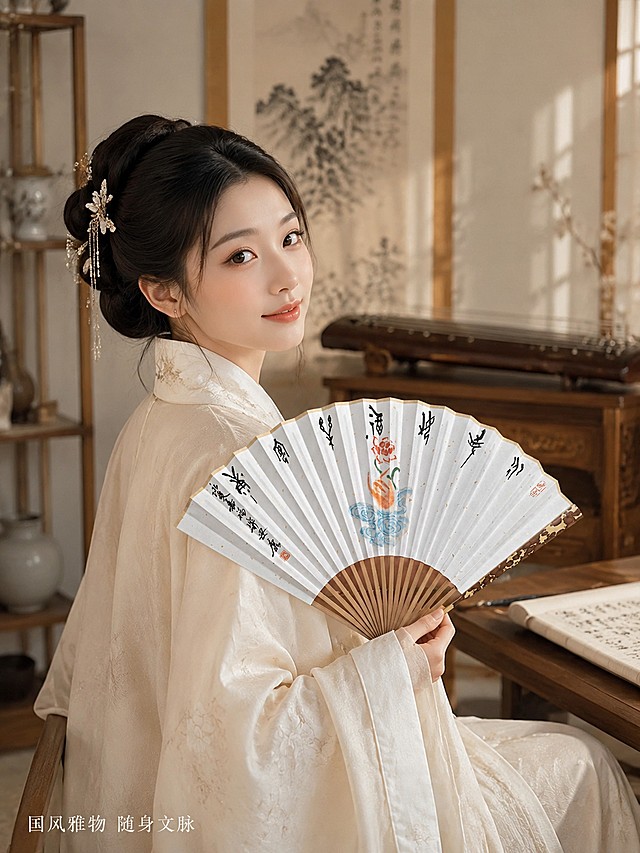 [主图-4] 国风汉服女子持扇回眸场景展示。[氛围风格] 国风意境感，温婉雅致；[画质] 商业摄影质感，光线柔和通透，产品清晰真实，画面干净高级。[元素] 一位身着米白色汉服的东方女子，侧身持扇，回眸浅笑，折扇半开露出题字与莲花祥云图案。背景是古雅书房，背景有古琴和卷轴，氛围幽静雅致。保持折扇外观、物理结构、材质质感、颜色与输入产品图绝对一致，杜绝任何变形和色差。折扇为视觉主体，占比合理。[光影] 柔和自然光从一侧洒入，营造温婉宁静的氛围，光影层次丰富。[配色] 汉服米白，背景浅木色，折扇自然色，整体低饱和国风配色。[视角构图] 中景人像，人物主体+折扇焦点，景深自然，突出产品。[文字版式] 左下角小字“国风雅物 随身文脉”，不遮挡主体，点缀即可。[比例分辨率] 3:4 比例，4k 分辨率；文字清晰锐利，超高清。[负向提示词] 变形，文字错乱，产品图模糊，背景杂乱，水印，电商平台Logo，人脸畸变