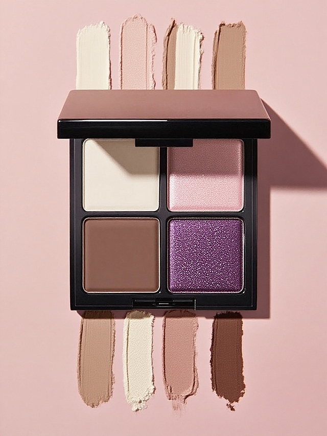 保持主体不变，柔和裸粉色背景，产品居中，竖排四条眼影粉涂抹痕迹（米白、浅粉、闪光暗紫色、闪光棕色），粉末堆积边缘自然不规则