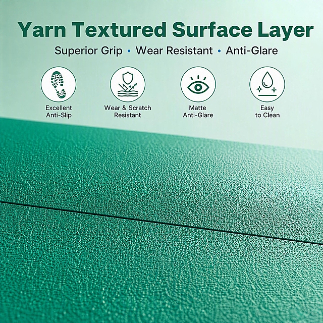 [第3张] 亚马逊跨境详情页 - Yarn Textured Surface Layer 纱线纹理表层功能解析页。本张使用【图2】作为商品主体，展示绿色纱纹表面微距细节。
[氛围/风格] 跨境极简工业风，材质微距质感，真实客观，商业摄影级细节展示，突出表层纹理与功能。
[元素布局] 绿色纱线纹理表面满铺画面中下部，占比约65%-70%，清晰展示细密磨砂纱纹质感与中间拼接缝；上半部分为标题区+功能图标组；背景为深绿到浅绿的低饱和渐变；产品颜色、纹理、材质与输入图一致。
[光影质感] 斜侧光打亮表面纹理，突出纱纹凹凸立体感与防滑颗粒感，光影层次丰富。
[配色色系] 全局底色 #D4EDE4 浅绿渐变；主色 #0EA57A 运动绿 + #0A66C2 蓝点缀；辅助色白色 + 深灰文字。
[视角构图] 俯视微距特写，上半信息下半材质，阅读动线上标题 → 中图标 → 下材质展示。
[文字版式] 全英文文案。顶部主标题「Yarn Textured Surface Layer」，副标题「Superior Grip · Wear Resistant · Anti-Glare」。中部四个功能图标横排：「Excellent Anti-Slip」配防滑鞋印图标，「Wear & Scratch Resistant」配耐磨图标，「Matte Anti-Glare」配眼睛图标，「Easy to Clean」配水滴图标。无衬线字体，图标简洁线性风格。
[比例分辨率] 1:1 方图比例，4K 分辨率，文字清晰可辨，高清画质。
[负向提示词] 纹理变形，颜色偏差，中文字符，水印，文字错乱，文字过小，背景杂乱，材质模糊。