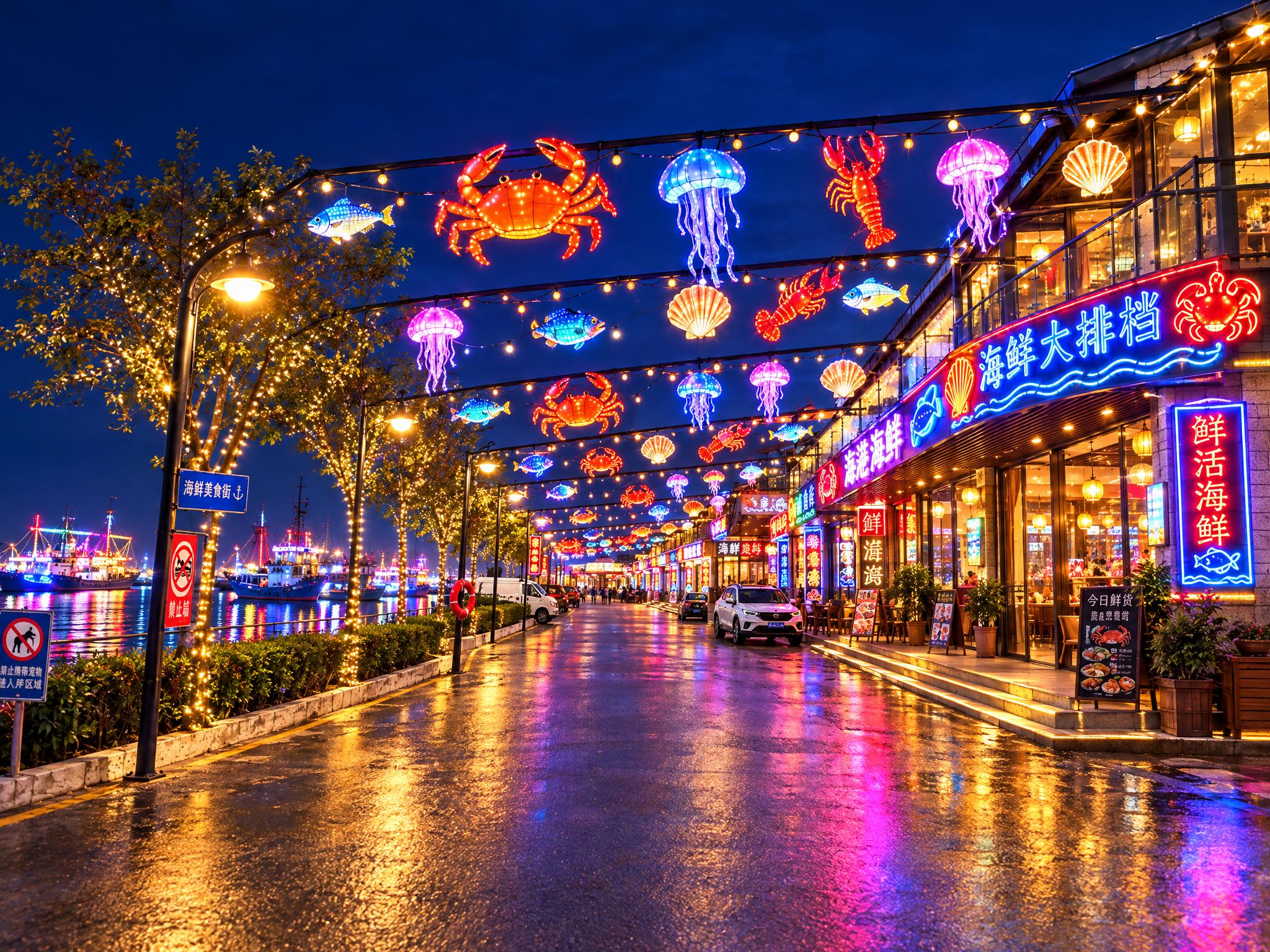将场景改为夜晚亮化效果，整体为夜晚氛围。沿街建筑的商铺招牌全部… - 图片创意预览