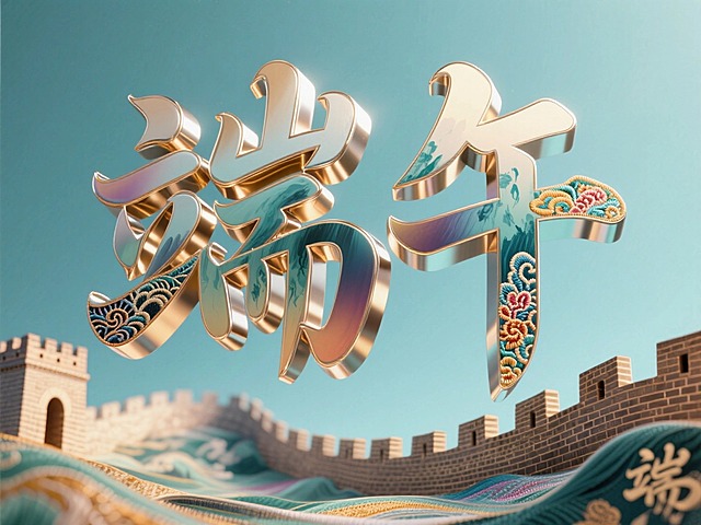 “端午”立体字，艺术字设计，采用立体金属质感与水墨渐变效果结合，文字边缘融入瓯绣花纹细节，3D立体投影技术呈现悬浮效果，底部加入流动的中国长城纹理，整体展现传统书法与现代工艺的融合