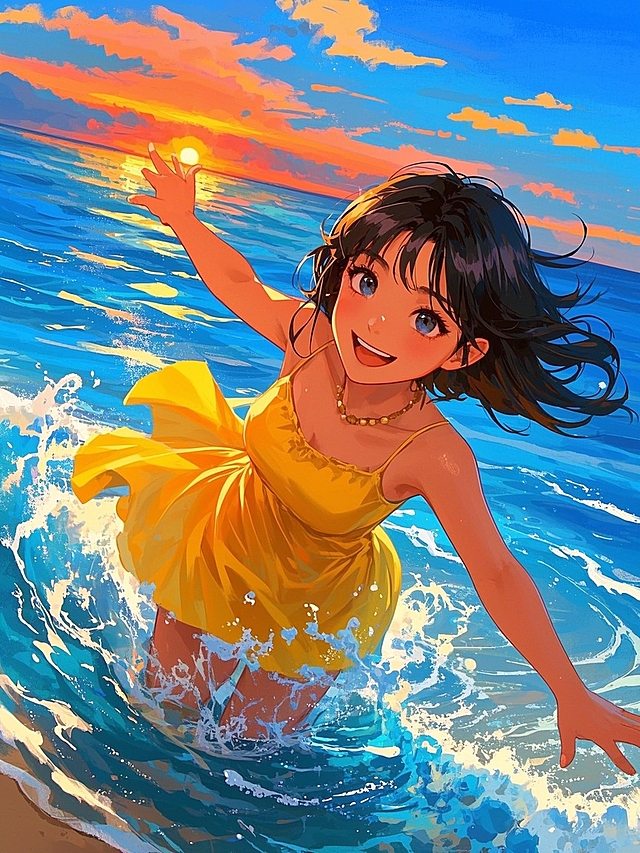 水彩风动漫少女，海边夕阳下，梦幻清新，甜美笑容，夏日欢乐时光。