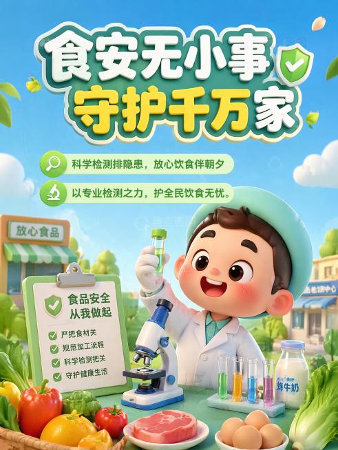 参考提供的图片风格，生成一张食品安全检测宣传海报，主标题是"食安无小事 守护千万家"，文案内容是：科学检测排隐患，放心饮食伴朝夕、以专业检测之力，护全民饮食无忧。要求无水印，高清，3D卡通风格，参考图预览效果