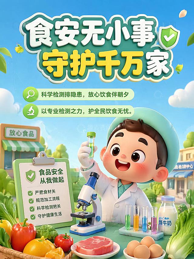 参考提供的图片风格，生成一张食品安全检测宣传海报，主标题是"食安无小事 守护千万家"，文案内容是：科学检测排隐患，放心饮食伴朝夕、以专业检测之力，护全民饮食无忧。要求无水印，高清，3D卡通风格，参考图风格，食品安全主题设计排版