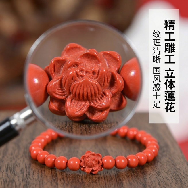 [主图 3] 细节工艺放大展示
[氛围/风格] 微距特写，质感突出，清晰锐利
[画面元素] 保持产品细节特征不变，放大镜效果放大中心立体莲花雕件，展示精细雕工纹理，背景虚化突出细节，保留原手串整体轮廓预览效果