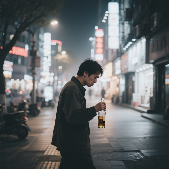 一位忧郁的男子，失恋后，手里拎着喝剩一半的酒瓶，晃悠走在城市夜晚的街道上，他神情忧伤，沉浸在伤感和伤心中买醉，城市夜晚霓虹朦胧，氛围孤寂落寞预览效果