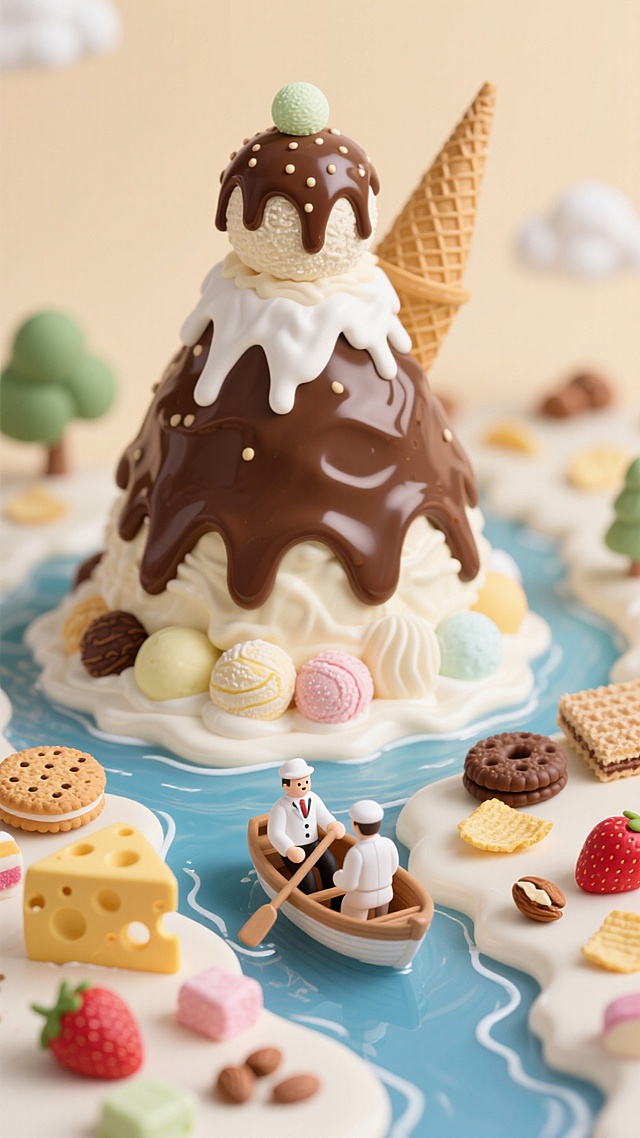 由各种美食堆砌而成的微缩场景，冰激凌球堆砌而成的山峰，上面撒满巧克力酱，巧克力浓浆的河流，一个身穿白色套装的工作人员坐在一艘小船上在河流中，岸边是奶油铺设的地面，地面上有奶酪，曲奇饼干，草莓，软糖，坚果，威化方块，薯片等零食，浅色暖色背景