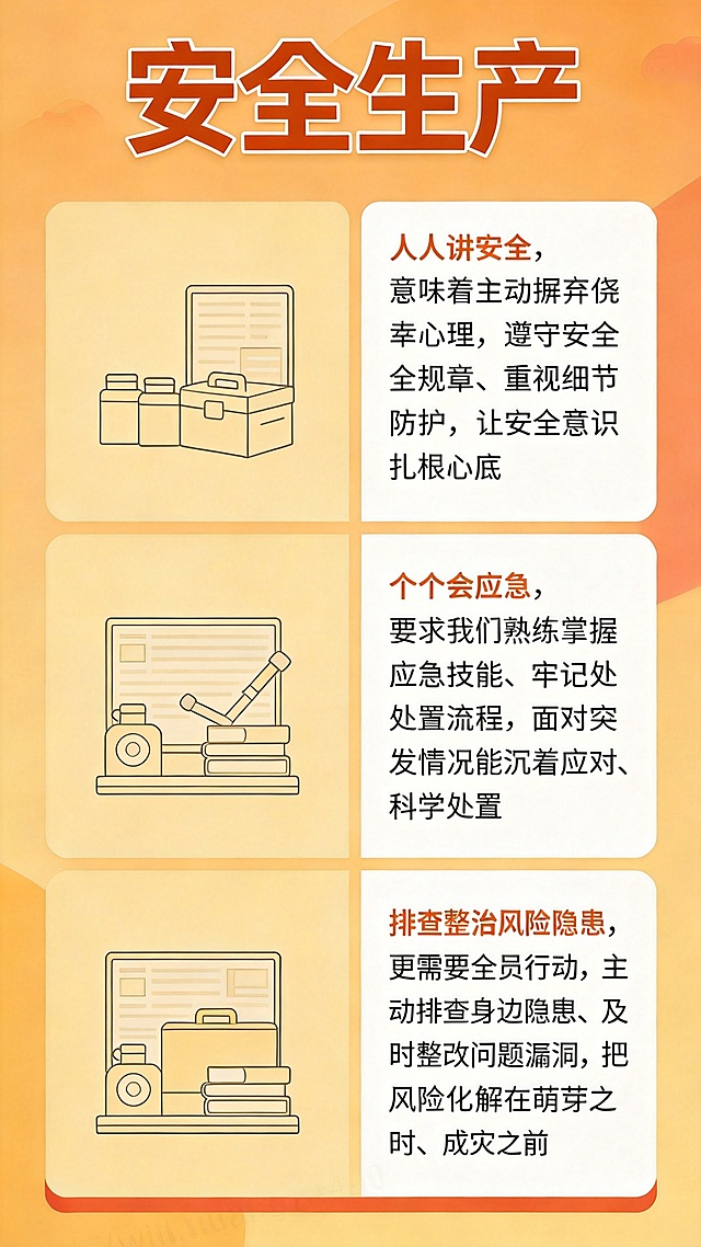 保持橙黄色风格，三个竖向栏目从上到下排列，每个栏目将简单的安全生产线稿图标放在上方，完整文案放在图标下方，删除所有人形图案，图标保持简约，标题安全生产放在顶部