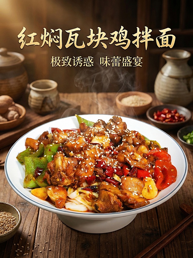 红焖瓦块鸡拌面美食宣传海报，电影级质感，细节丰富，画面充满食欲，酱汁浓郁的瓦块鸡肉搭配筋道面条，撒着白芝麻，搭配青红椒和蒜瓣，暖光氛围，整体风格高级有质感，突出美食诱惑感，3:4比例