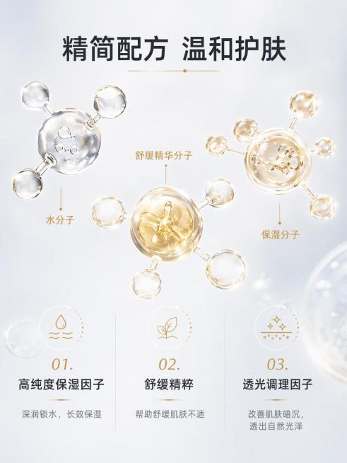 [第3屏] 成分功效，温和护肤成分展示，采用成分展示型版式。
[氛围/风格] 科研洁净风，简约通透，专业可信的视觉感受。
[元素布局] 画面上半部分放大展示三个核心成分分子图形：水分子、舒缓精华分子、预览效果