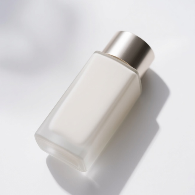 一个圆柱形或长方形的产品容器，具有光滑的现代感设计，采用完全不同于原图的配色方案，瓶身材质呈现出细腻的哑光质感，搭配金属质感的瓶盖，整体造型简约而富有高级感，背景为纯白色，光线明亮柔和，突出产品的轮廓和材质细节，营造出清新、时尚且专业的氛围。预览效果