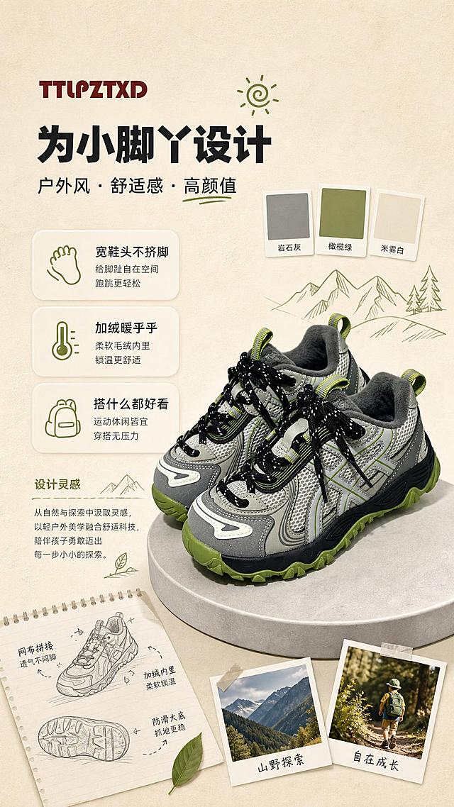 [商品] 使用【图1】灰绿款儿童加绒老爹运动鞋；保留TTLPTXD Logo、网布拼接鞋面、绿色线条装饰、锯齿厚底、毛绒内里、鞋带鞋提结构；商品处理：增强鞋面网布纹理、皮革质感、鞋底齿纹和缝线清晰度，自然理顺鞋型，不改变颜色和结构。
[画面] 目标：设计理念页，表达「舒适+颜值双在线」的儿童户外鞋设计灵感。构图：左文右图版式，左侧约40%为文字与灵感元素区，右侧约60%为鞋款主体斜侧角度展示；背景为暖米杏色纸张肌理，散落色卡（灰/绿/米）、手绘鞋稿小图、户外小图标（山/太阳/树叶）；鞋款置于浅灰色圆形展台，下方有柔和投影。
[视觉] 套系策略：风格=轻户外潮酷儿童鞋履商业摄影风；标题字=粗黑无衬线体+轻微圆角；正文字=简洁无衬线体；主色=暖米杏；背景延展=基于暖米杏做深浅渐变、同色系纸张肌理和柔和光影层次；强调色=橄榄绿，仅用于小面积图标、引线、标签和装饰线条；标题色=深炭灰；正文色=中暖灰；组件=圆角浅底信息卡、细线引线、小图标点缀；光影=左前侧暖柔光，自然投影，鞋身有柔和高光。
[文字] 左上主标题「为小脚丫设计」，副标题「户外风 · 舒适感 · 高颜值」；下方3个设计关键词短句「宽鞋头不挤脚」「加绒暖乎乎」「搭什么都好看」；每个关键词配一个小图标；文字横向排版，层级清晰，手机端可读。
[规格] 图片比例9:16竖版，4K，避免变形、错字、文字过小、冷蓝背景、鞋型失真、颜色改变、极限词。