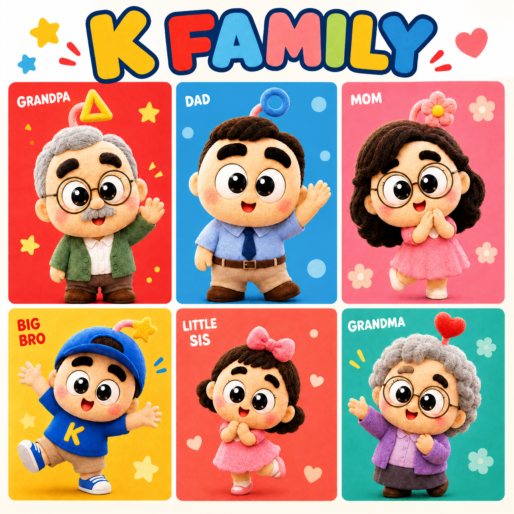 将这张K FAMILY卡通全家福图片进行10倍超分辨率放大，极… - 图片创意预览