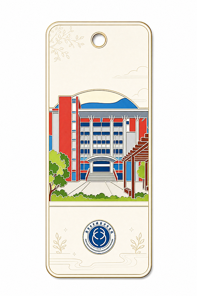 基于这张插画，制作成完整的书签样式，保持原建筑、校徽和插画风格不变，保留顶部挂孔，优化书签整体设计
