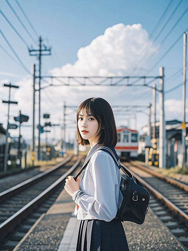 清新实景动漫风，少女站台眺望，蓝天白云映衬，青春气息扑面。