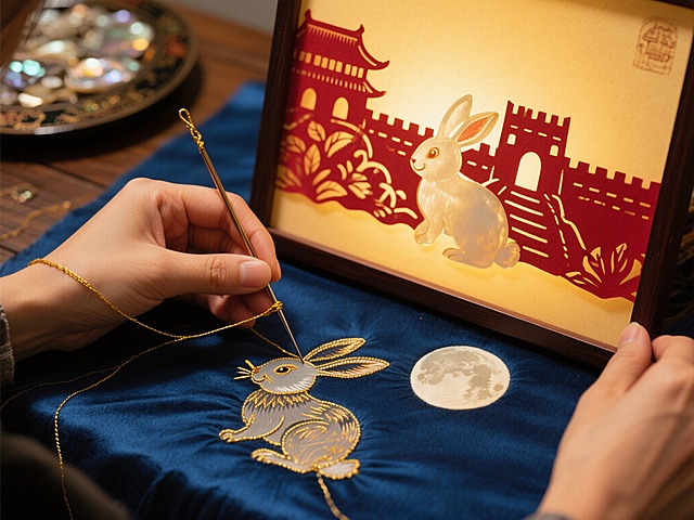特写镜头，展现一双巧手正在进行创作。一只手用金线在深蓝色的丝绸上绣出玉兔望月的图案，针脚细密，光泽流动。另一只手则在制作一幅结合了剪纸和皮影的艺术品，红色的长城剪纸作为背景，一个半透明的玉兔皮影置于其上，背后有暖黄色的灯光透出，形成迷人的光影效果。背景中，桌面的一角可以看到螺钿漆器闪烁的碎片光芒。整个画面构图精致，充满手作的温暖和古老工艺在现代被唤醒的感动。