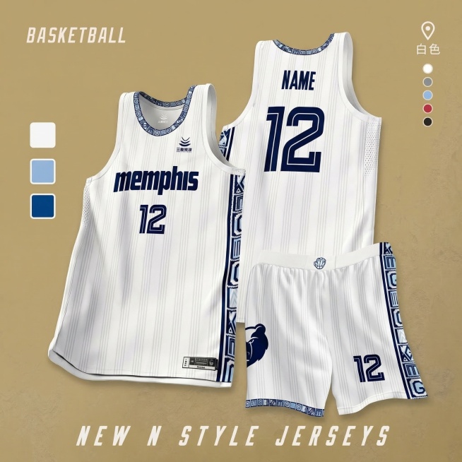 保持第一张图的白色memphis款12号篮球服的图案、文字、款式所有内容不变，保留产品正反两面加短裤的展示，套用第二张主图的布局：背景为暖卡其色，左上角用浅白色字体写“BASKETBALL”，左上角下预览效果