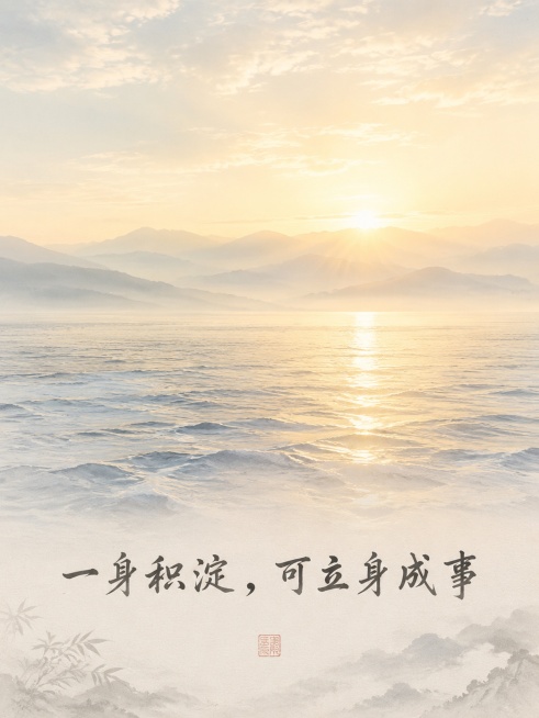 静谧开阔的海平面远景，清晨浅金色阳光洒在海面，远处层叠浅雾山峦，无人物，整体浅色调淡雅风格，画面下方配书法文字"一身积淀，可立身成事"，国风意境，简约大气预览效果