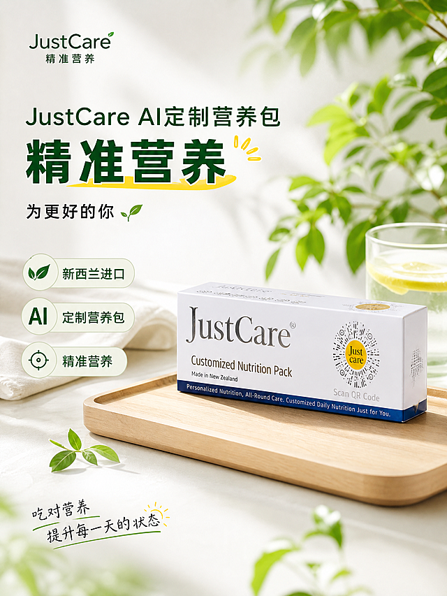 生成一张JustCare AI定制营养包的小红书配图，保持清新绿色健康风格，突出产品包装盒，展示产品实拍，画面简洁清爽，适合小红书图文配图，保留产品新西兰进口、精准营养卖点