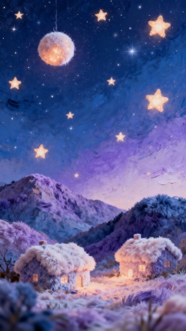 毛绒化《星夜》，夜空用深蓝与浅紫渐变绒布表现，星星是发光毛绒球，山峦与房屋覆盖蓬松绒，笔触转化为绒絮纹理，暖色调星空，治愈系文创素材，商用装饰画级别，6K 超高清，Digital Art预览效果