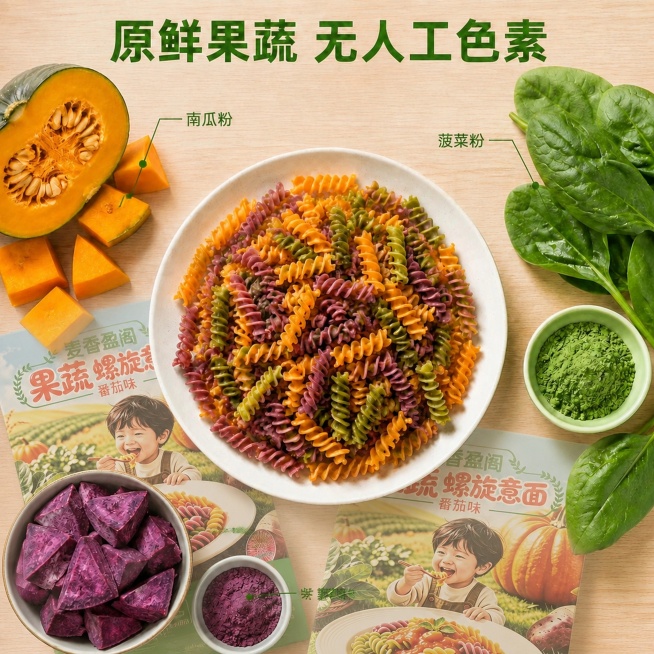 替换当前图底层的包装盒，更换为参考图正确的麦香盈阁果蔬螺旋意面包装盒，摆放2盒错开排列，总共占图约40%面积，放在最底层，边缘适当羽化，和原木背景自然融合。保留原图所有前景元素完整不变：中心盘子的螺旋预览效果