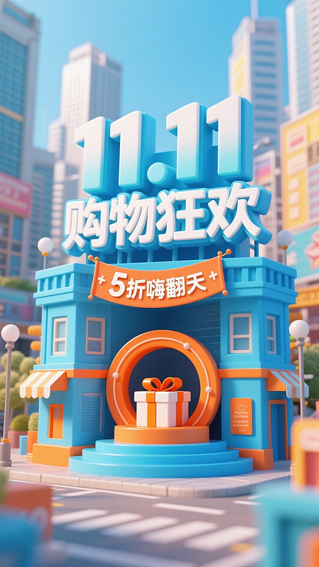 以蓝色为主色调，前景是立体字组成的醒目建筑， “11.11购物狂欢” 立体大字（白与浅蓝渐变，配装饰）及下方 “5 折嗨翻天” 横幅；中间有橙色圆形装置（内有礼物）；背景是繁华都市