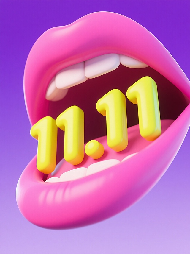 一个嘴巴特写，嘴里含着“11.11”造型的糖果