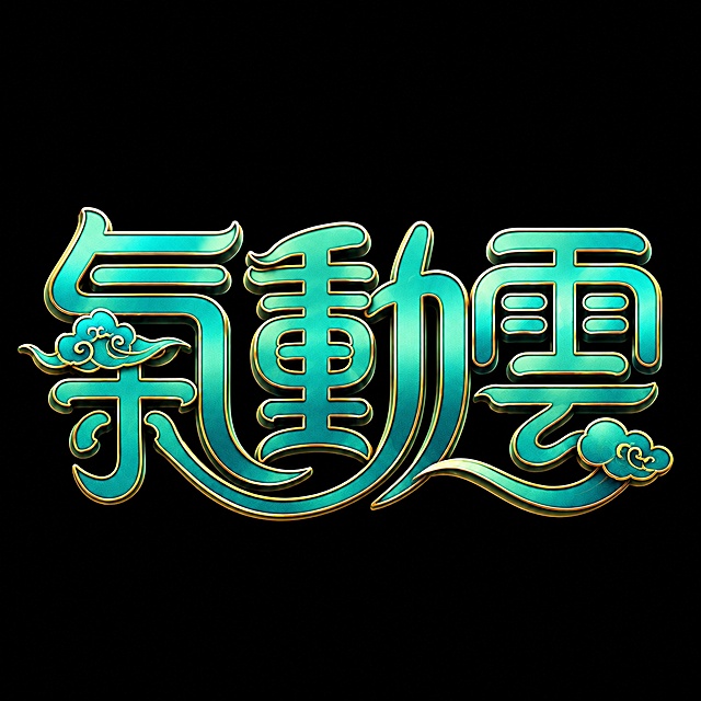 在当前LOGO基础上修改：1. 移除中间動字下方的铜钱圆形装饰；2. 简化字体上所有祥云装饰，保留简洁云纹元素，去掉复杂层次；保持青绿色字体主色，金色描边，黑色背景，品牌文字"氣動雲"不变，高辨识度粗线条国潮风格，文字完整不裁切，四周留安全边距