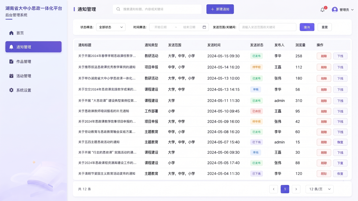 在这张湖南省大中小思政一体化平台通知管理页面的通知列表中，新增通知类型列、发送范围列（包含选项大学、中学、小学），保留并增加发布人列和浏览量列，保持原有整体蓝紫色UI风格不变，布局保持不变。预览效果