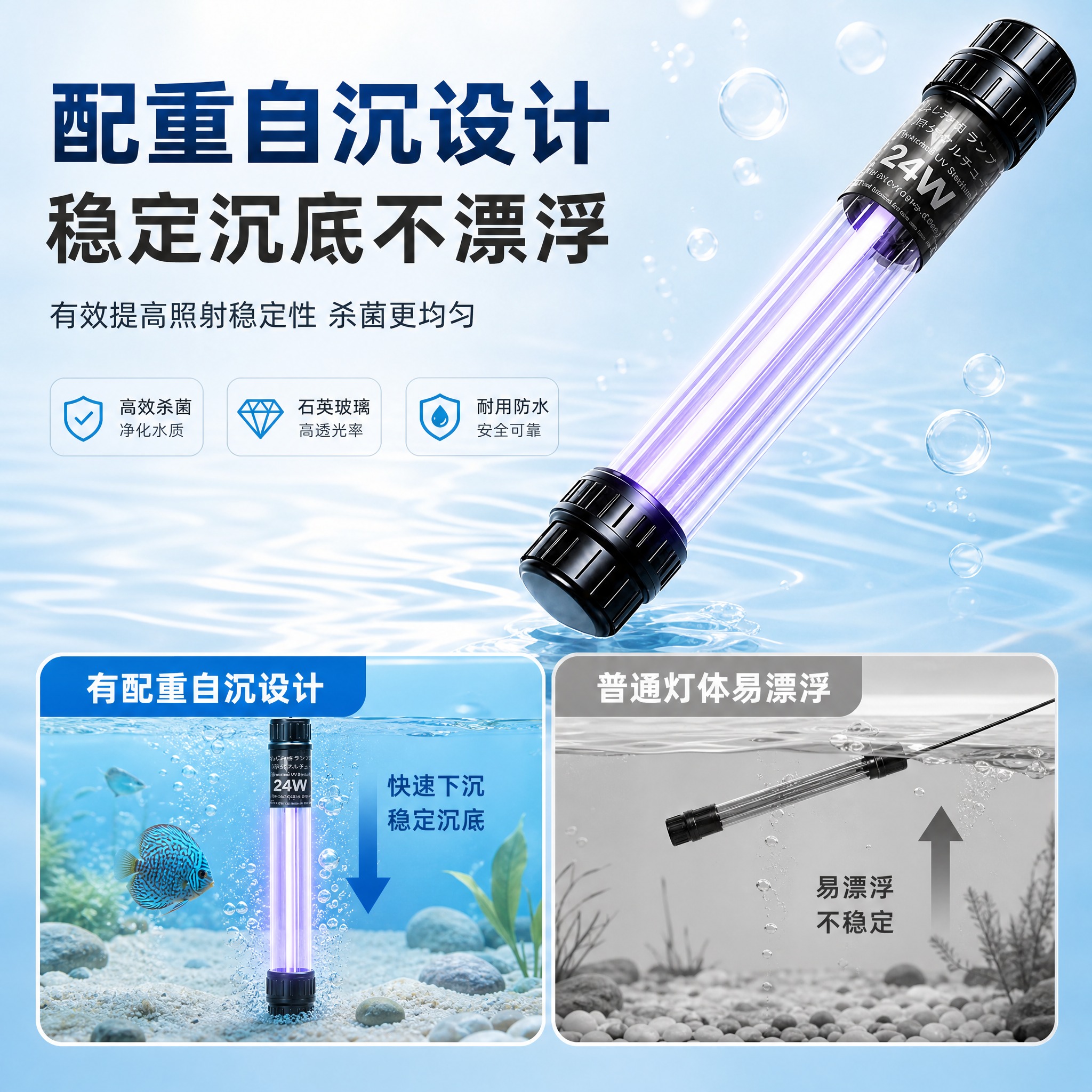 [单张主图] 24V鱼缸水族UV杀菌灯（18W潜水式），爆款促… - 图片创意预览