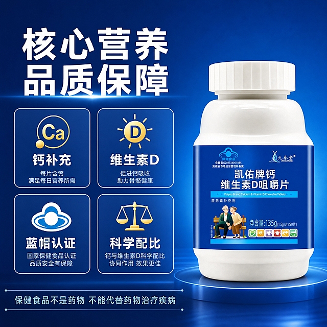 [主图-2] 钙维生素D咀嚼片产品成分与品质详情图，展示产品核心成分与蓝帽认证品质保障。
[统一基调] 整体风格为专业品质、健康可信的保健食品视觉；背景主色为渐变深蓝色到浅蓝色，标题字色为白色，辅助字色为浅蓝色，强调色为金色；字体为简洁大气的无衬线粗体，字号层级分明；卡片样式为圆角半透明深蓝色底配白色细边框。
[画面] 产品药瓶位于画面右侧，占画面约45%，瓶身正面清晰展示，外观与输入图完全一致；左侧区域为信息展示区，上方有大标题，下方排列4个成分/品质图标卡片，每个卡片配图标和简短说明；背景为渐变深蓝色，底部有柔和光影。
[光影质感] 商业摄影质感，主光柔和均匀，产品瓶身有自然高光和反光，体现塑料瓶身的真实质感；整体光线明亮干净，专业感强。
[配色] 主色调为深蓝、浅蓝、白色，点缀金色；背景渐变蓝，产品保持原有蓝色包装。
[文字版式] 左上方主标题白色大字粗体"核心营养 品质保障"；下方4个圆角信息卡片呈2x2排列，卡片内分别有图标和文字："钙补充""维生素D""蓝帽认证""科学配比"；底部小字标注"保健食品不是药物 不能代替药物治疗疾病"；所有文字横排，清晰可读，不遮挡产品。
[输出要求] 1:1正方形 2048*2048 2K分辨率；产品清晰不变形，文字清晰无错字，画面专业干净，无水印无平台Logo，无多余杂物。