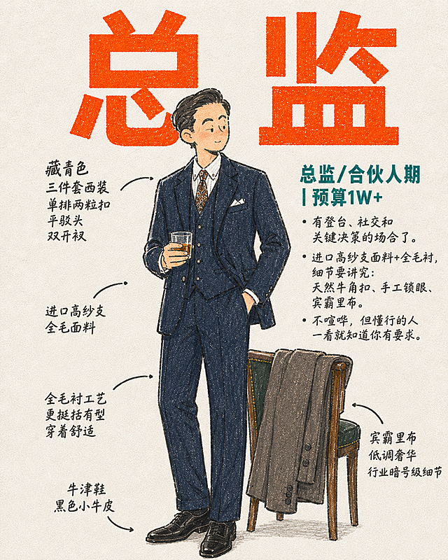 参考参考图的手绘插画风格，生成职场总监合伙人期穿搭海报，插画人物穿着三件套西装，更换人物动作和脸型，主标题大字改为"总监"，文案内容：总监/合伙人期｜预算1W+ 有登台、社交和关键决策的场合了。 进口高纱支面料+全毛衬，细节要讲究：天然牛角扣、手工锁眼、宾霸里布。不喧哗，但懂行的人一看就知道你有要求，保留和参考图一致的排版布局，手绘涂鸦质感的文字标注风格