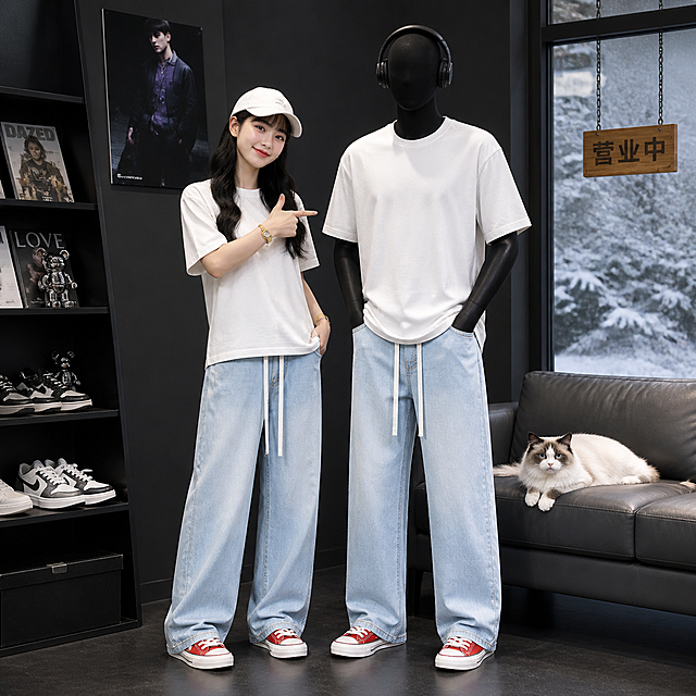 线下潮牌男装店场景，整体黑色工业风简约高级，无水印无多余文字，画面焦点集中在服装上。主体为一对情侣穿搭展示：真人女模特搭配男款黑色全身假人模特，均穿同款穿搭——纯白色基础款短袖T恤、参考图中浅蓝色水洗直筒牛仔裤、红色帆布鞋，打造情侣穿搭效果。真人女模特为年轻甜美的东亚女生，黑色长卷发，戴白色棒球帽，佩戴黄色表带手表，侧站面带微笑，用手指向旁边的假人模特，姿态自然松弛；假人模特头戴黑色头戴式耳机，双手插兜站立，还原男生日常穿搭状态。场景细节：室内为哑光黑墙面+黑色哑光地板，左侧黑色多层置物架摆放潮流杂志、金属潮玩摆件、黑白板鞋，墙面挂潮流男模海报；右侧大窗户，窗外是冬季雪景，窗上挂木质“营业中”招牌，窗边深灰色皮质沙发上趴着一只温顺的布偶猫。光线：均匀柔和的室内商业柔光，无生硬阴影，清晰展示牛仔裤的水洗纹理、面料质感与版型垂坠感，画面干净明亮，色彩自然，氛围感强