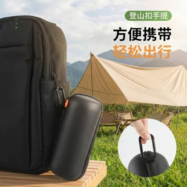 保留原图中收纳包挂在背包上的形态、登山扣细节、手提特写及文字，仅将背景替换为户外露营场景，背景是草地、天幕与远山，营造轻松出行的户外氛围。预览效果