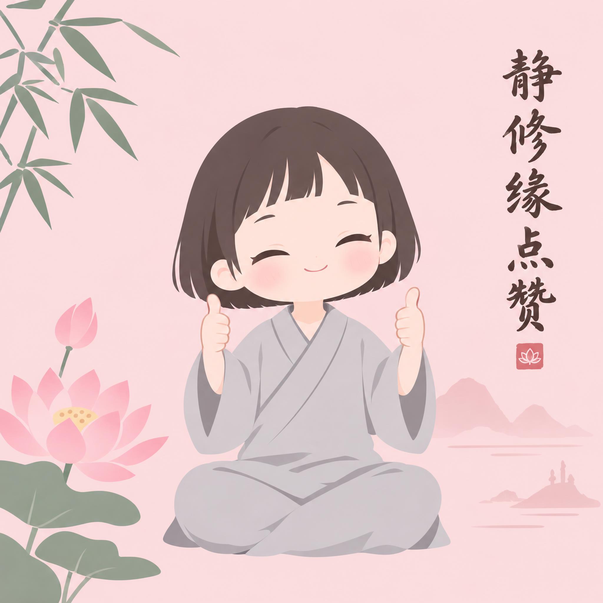 禅意风格Q版表情包第2帧，女版小尼姑，齐耳短发，穿浅灰色僧袍，… - 图片创意预览