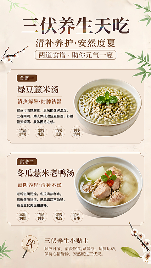 三伏养生天饮食中医风格食谱推荐科普竖版海报