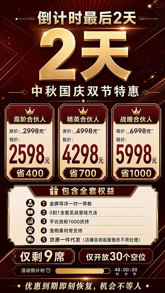 基于参考图重新设计配色和风格，改为高端正式商务风。主色调改为深邃酒红+哑光金+米白，替代原来的大红色和卡通元素，营造高级正式感。去除灯笼、烟花、兔子、月饼、古建筑、祥云等节日卡通装饰，替换为简约几何线条、精致分割线、渐变光效、细腻纹理等商务元素。版式结构保持不变：顶部"倒计时最后2天"+超大"2天"数字、中秋国庆双节特惠、三档合伙人价格卡片（原价划线+现价+省XXX）、包含全套权益5条、仅剩9席/30个空位、倒计时进度条、底部CTA。价格卡片改为酒红底配哑光金色边框和米白色内底，现价数字用金色或酒红色粗体突出，精致不浮夸。背景改为深酒红色渐变，点缀金色光粒子和几何线条，有微弱放射光效，整体简洁大气。风格偏向高端商务、正式专业，适合高净值合伙人招募，既有活动感又不失档次。画面中所有数字必须精确渲染，不得错位、遗漏或编造。画面中所有信息区域必须填充完整合理的内容。