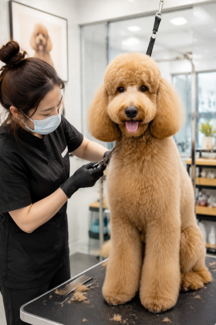 美容师带着丁腈手套给巨贵犬剪毛，高清画质，场景丰富预览效果
