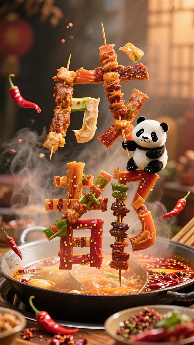 中式火锅字，卡通熊猫拟人化点缀，营造欢乐节日氛围。
