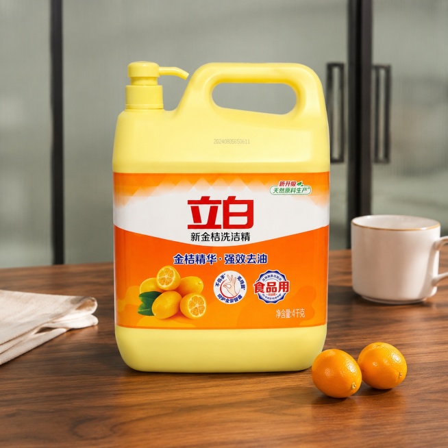 超写实电商产品摄影。
主体：立白新金桔洗洁精严格参照上传产品图，完整保留所有可见组件、部件、轮廓、结构、比例、材质、颜色与产品本体上的文字信息，与上传图完全一致；产品占画面68%，完整不裁切，绝对视觉预览效果