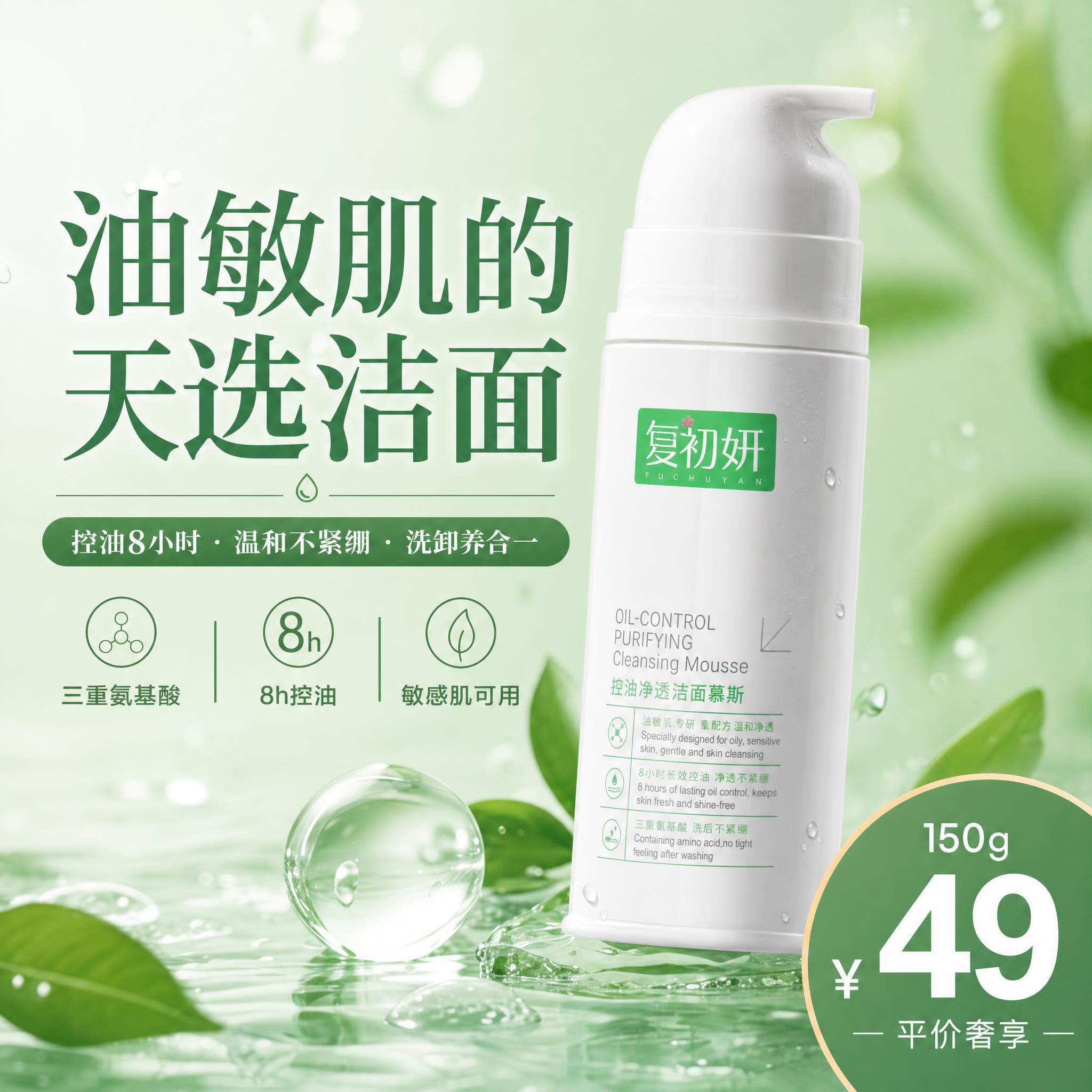 基于参考图中的复初妍控油净透洁面慕斯产品，生成淘宝天猫电商主图… - 图片创意预览