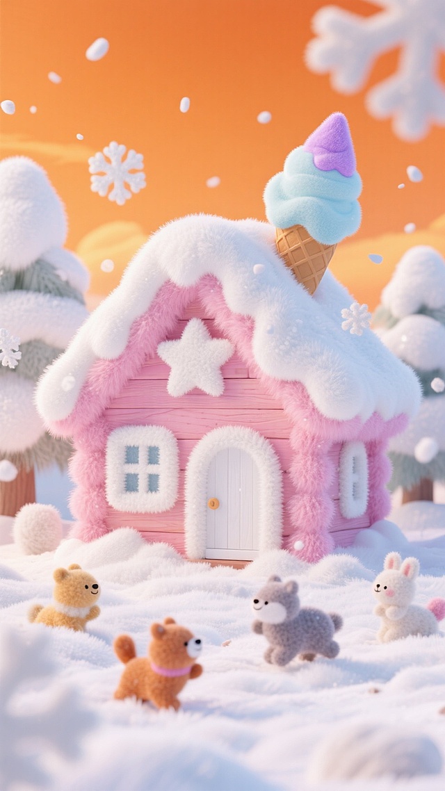 画面中心是粉色的小木屋（白色门和窗），上面有星星的装饰，屋顶覆盖白雪，房顶上有一个巨大的被雪覆盖的冰淇淋，橙色的天空，周边飘着白色雪花，地面有积雪，几个小动物在雪地中玩耍。