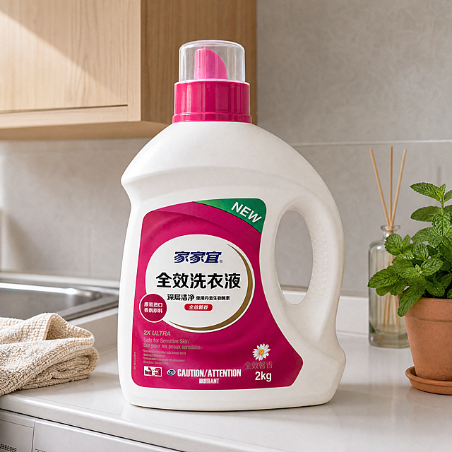 超写实电商产品摄影。
主体：洗衣液占画面70%，完整不裁切，绝对主体，近景景别。洗衣液严格参照上传产品图，完整保留所有可见组件、部件、轮廓、结构、比例、材质、颜色与产品本体上的文字信息（logo / 型号 / 规格 / 参数），与上传图完全一致；瓶身、瓶盖、提手完整展示，自然融入场景光影，与场景共处同一物理空间，清除产品本体之外多余营销信息。
构图与陈列：正面微俯10°平视，洗衣液直立放置于阳台洗衣机顶部台面上。
风格：北欧温馨。
场景概念：阳台洗衣区的晨间日常。
承载与背景：①承载面，洗衣机顶部，白色哑光陶瓷；②背景，浅木色阳台柜，浅灰色瓷砖墙面。
陪衬物：①左侧，一角不锈钢水池，银色不锈钢；②右侧，一盆绿色小薄荷，陶土色花盆绿色叶片；③台面左侧，一块米白色棉麻毛巾；④右后方，一个透明玻璃香薰瓶。
配色：主色60%浅灰白、辅色25%原木色、点缀15%薄荷绿陶土色；白色/原木色/浅灰/薄荷绿/陶土色，塑料/陶瓷/不锈钢/玻璃/棉麻。
光影：主光从左侧斜窗自然入射45°，照亮洗衣液正面瓶身；辅光为墙面柔和反射补光，塑料瓶身有清晰柔和高光。
参数：4K写实光追。严格锁定宽高比为1:1。参考相似度50%