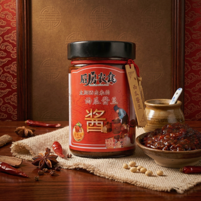 以后房农食西瓜酱豆产品为主体，瓶身标签所有文字和细节完全保留不做修改，背景为中式暗纹宣纸搭配红木纹、中国风底纹，搭配红绳、竹制书签、陶瓷小罐作为道具，采用暖黄国风柔光，典雅光线，营造送礼、家乡特产的高预览效果