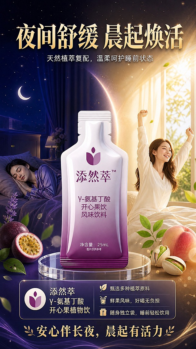参考图1的版式骨架与夜昼对比氛围，将产品替换为图2中的添然萃γ-氨基丁酸开心果植物饮袋装饮品，生成一张竖版商业海报。版式复刻：顶部主标题大字体区，中部产品居中展示，左右分栏呈现夜间舒缓与晨起焕活对比场景，底部卖点区与slogan。

【产品锁死】添然萃γ-氨基丁酸开心果饮风味饮料袋装饮品，100%还原上传商品图的产品外形、包装、LOGO、印刷文字、净含量，以上传图为唯一商品主体来源，完整保留原图中的袋型、轮廓、结构、比例、瓶盖封口、标签版式、品牌logo、口味文字、容量信息、材质质感、紫白渐变颜色与正面朝向，包装、配色、产品结构、袋身造型与标签布局均与上传图保持一致；正面朝向以品牌与标签主要信息清晰可读为准。商品主体占比55%～65%，文字不遮挡主体。

【画面分区】
顶部主标题区：超大字体主标题"夜间舒缓 晨起焕活"，金色渐变字体，居中排列，字体厚重有力量感。
副标题区：主标题下方，"天然植萃复配，温柔呵护睡前状态"，白色小字，居中。
中部产品区：袋装饮品居中偏下放置，立于透明亚克力台面上，袋身标签清晰可读。
左右对比场景：左侧为夜间舒缓场景——深蓝紫色夜空背景，柔和月光与星光，卧室环境静谧温馨，营造安心入睡的氛围；右侧为晨起焕活场景——暖金色晨光洒入，明亮清新，充满活力的清晨氛围。中间以弧形光晕分割线过渡，形成夜与昼的对比。
产品板块文字区：产品下方或右侧信息卡片，产品名"添然萃 γ-氨基丁酸开心果植物饮"，下方三条卖点：
"🍃甄选多种植萃原料"
"🍹鲜果风味，好喝无负担"
"📦随身独立袋，睡前轻松饮用"
底部slogan区："安心伴长夜，晨起有活力"，金色字体，居中。

【配色与氛围】主色调深紫蓝渐变到暖金橙，呼应夜间到清晨的过渡；整体氛围温柔、安心、充满活力感；写实商业摄影风格，光影细腻柔和。

【装饰元素】绿色植萃叶片、新鲜水果切片作为点缀，漂浮在产品周围，增加天然鲜果感；柔和光斑与星光点缀营造温馨氛围。

【版式精美】文字层级分明，主标题最大最醒目，副标题次之，卖点文字清晰可读，所有文字放在负空间不遮挡产品主体；四边留有安全边距。

画面中所有信息区域必须填充完整合理的内容，不得出现空白框、空白占位、横线待填写区域、空列表项、空单元格；确保是完整可用的成品海报而非待填写模板。
画面中所有数字必须精确渲染，不得错位、遗漏或编造。