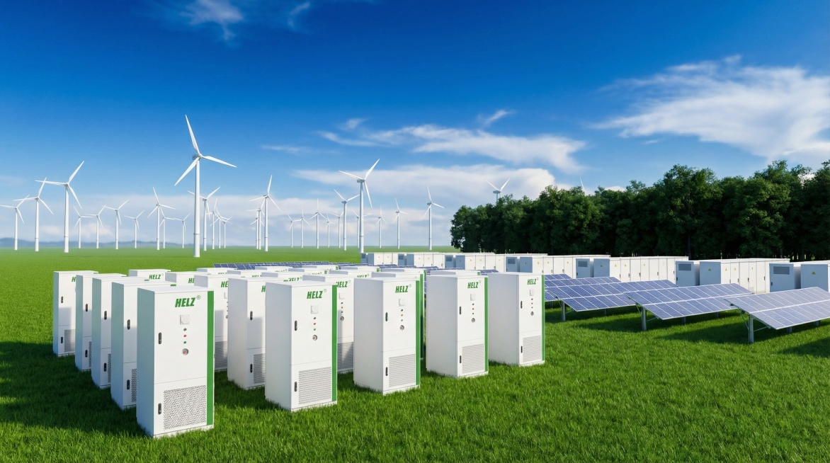 将背景替换为：正午强光柔光处理的户外场景，上半部是高饱和度正蓝色天空，云层边缘柔光羽化，地面是鲜亮翠绿色草地，远景是向远方延伸的白色风力发电机阵列，中景是排列整齐的白色工商业储能柜阵列，近景是倾斜的光预览效果