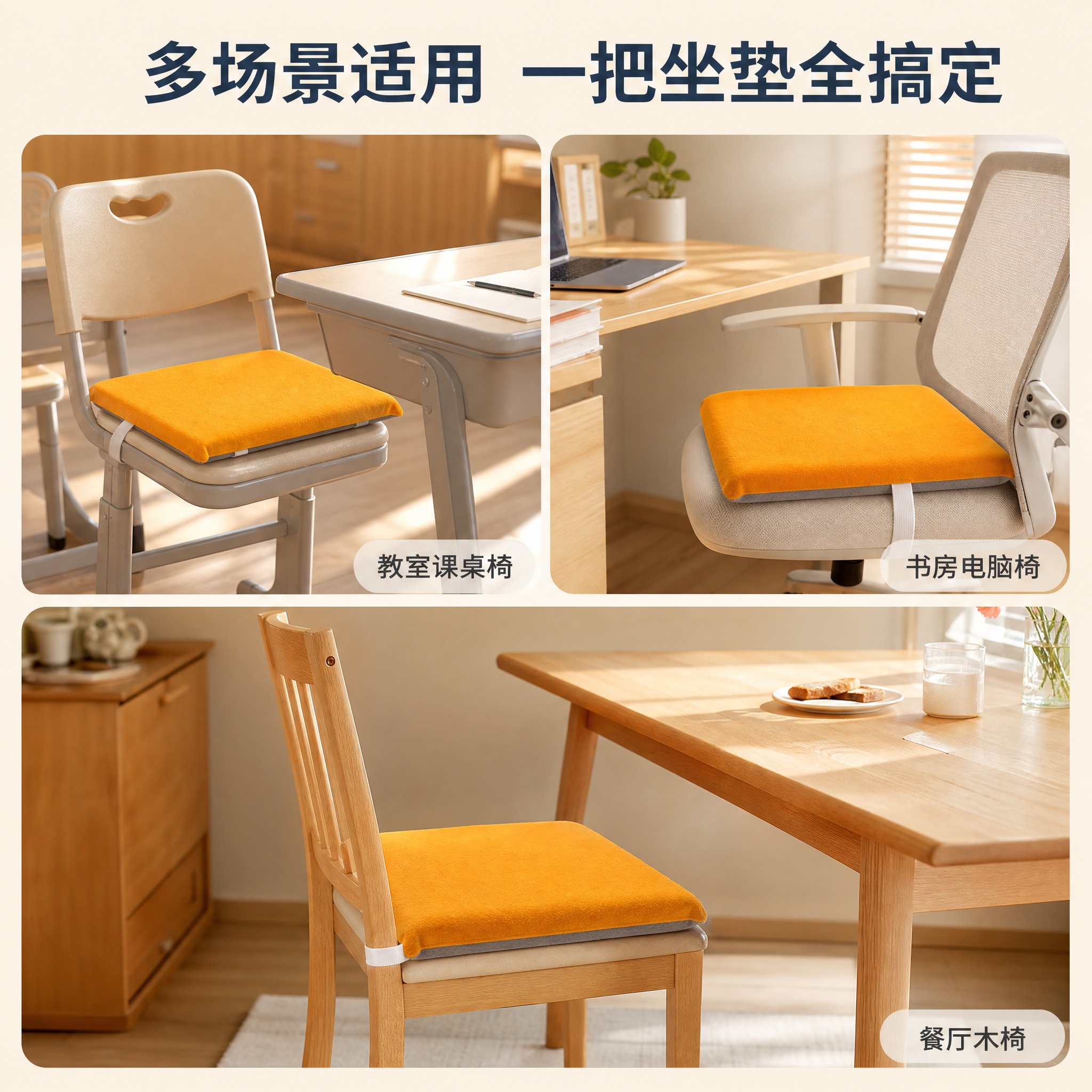 [主图-8] 学生坐垫教室椅垫 适用场景与适配座椅展示。 [统… - 图片创意预览
